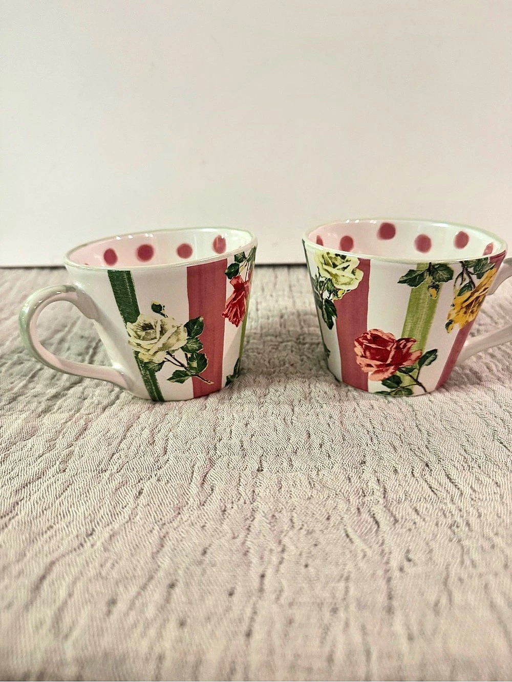 NWT MacKenzie-Childs Garden Gala Mug Floral Mugs Pink & Green Pair (2)